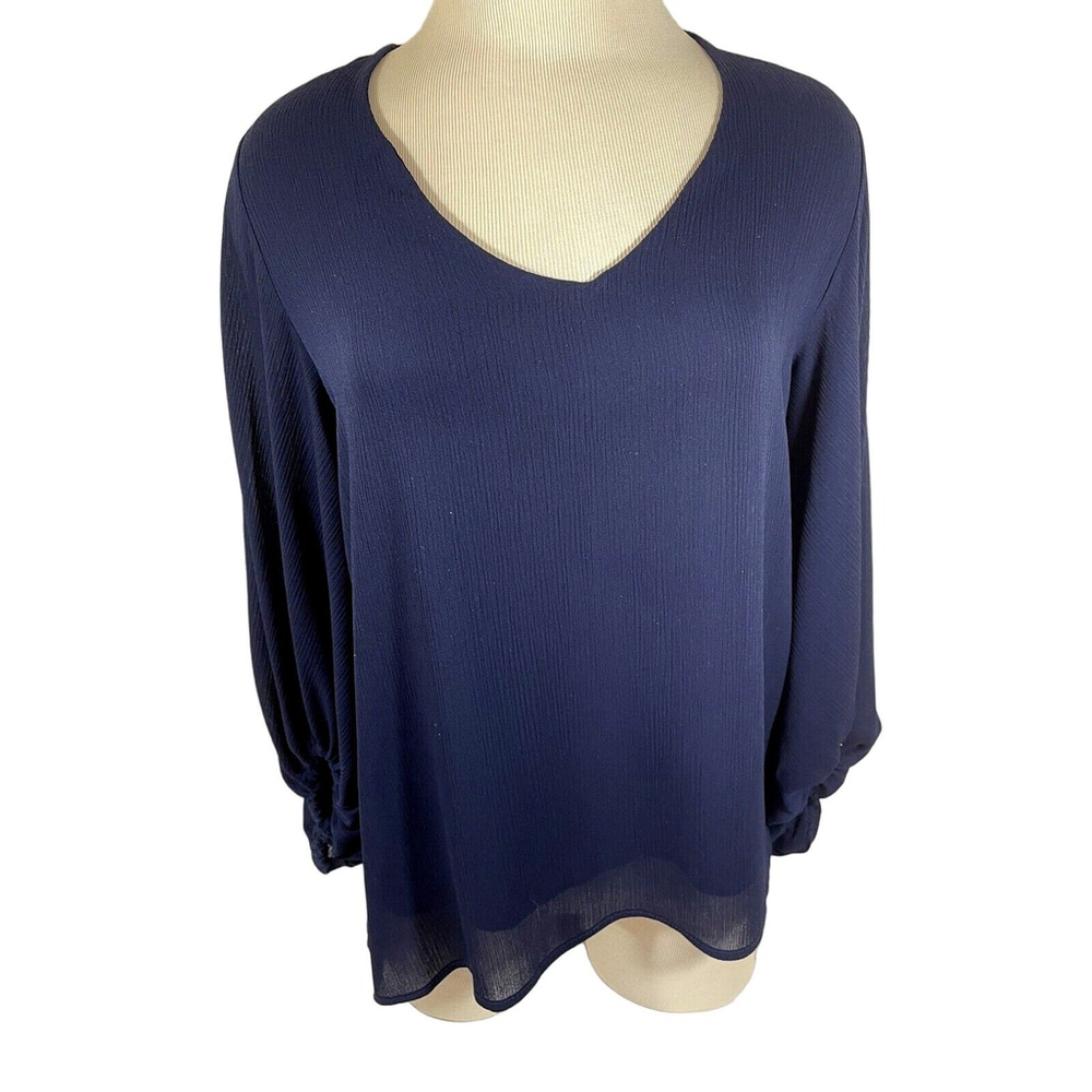 Fab'rik Navy Blue Long Sleeve Semi Sheer V-Neck Tyche Blouse Sz M